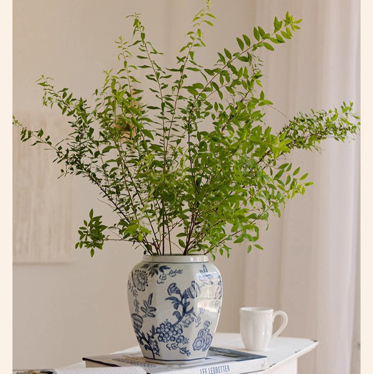 Blue & White Botanical Ceramic Vase – Decorative Floral Table Vase