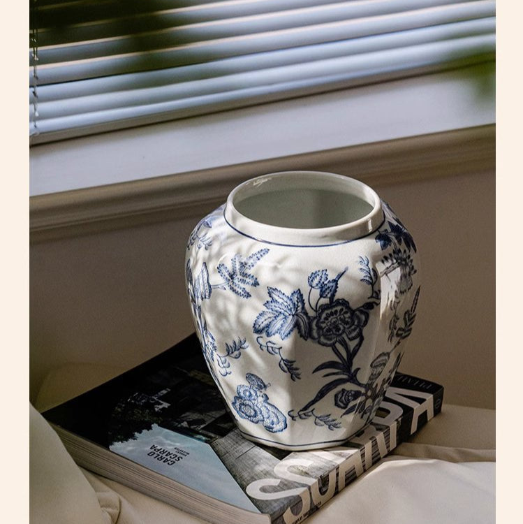 Blue & White Botanical Ceramic Vase – Decorative Floral Table Vase