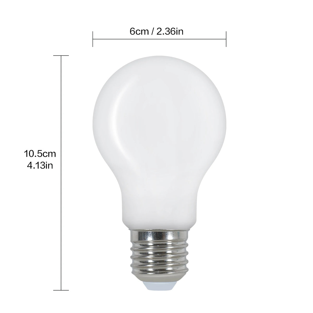 LED light bulb with dimensions labeled on a white background