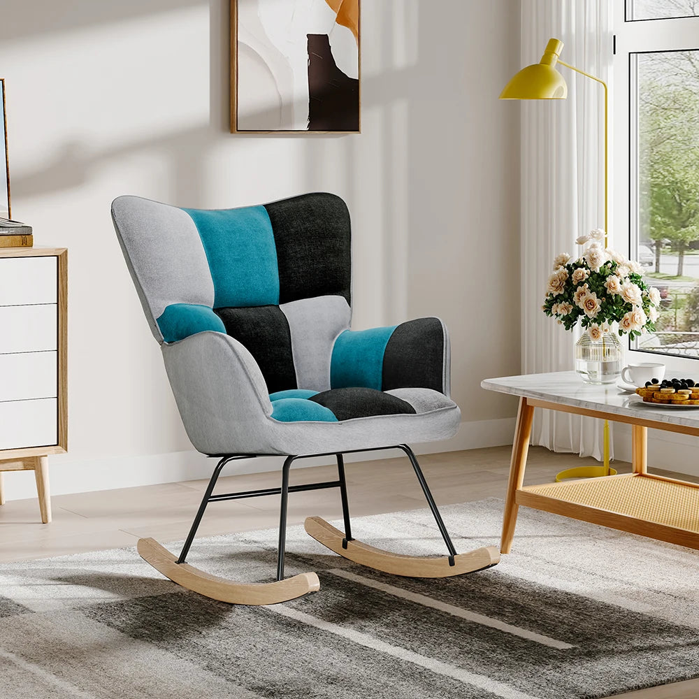 Modern rocking chair with colorful backrest in a living room setting.