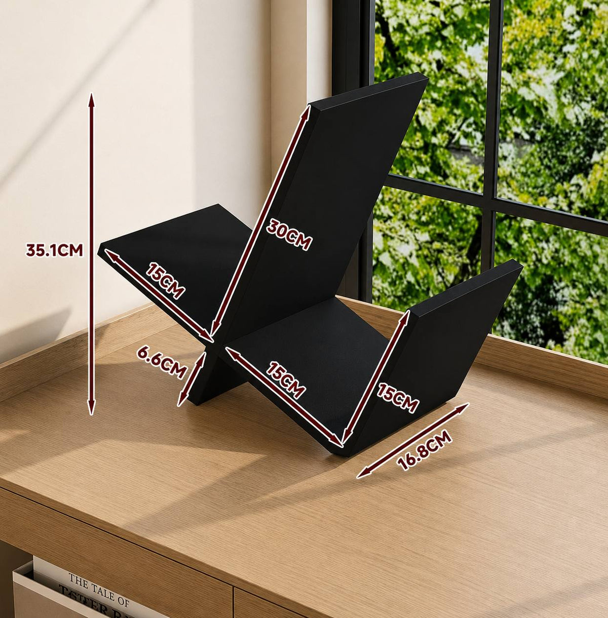 Modern black wooden book display shelf with geometric sculptural design showcasing books in a minimalist interior