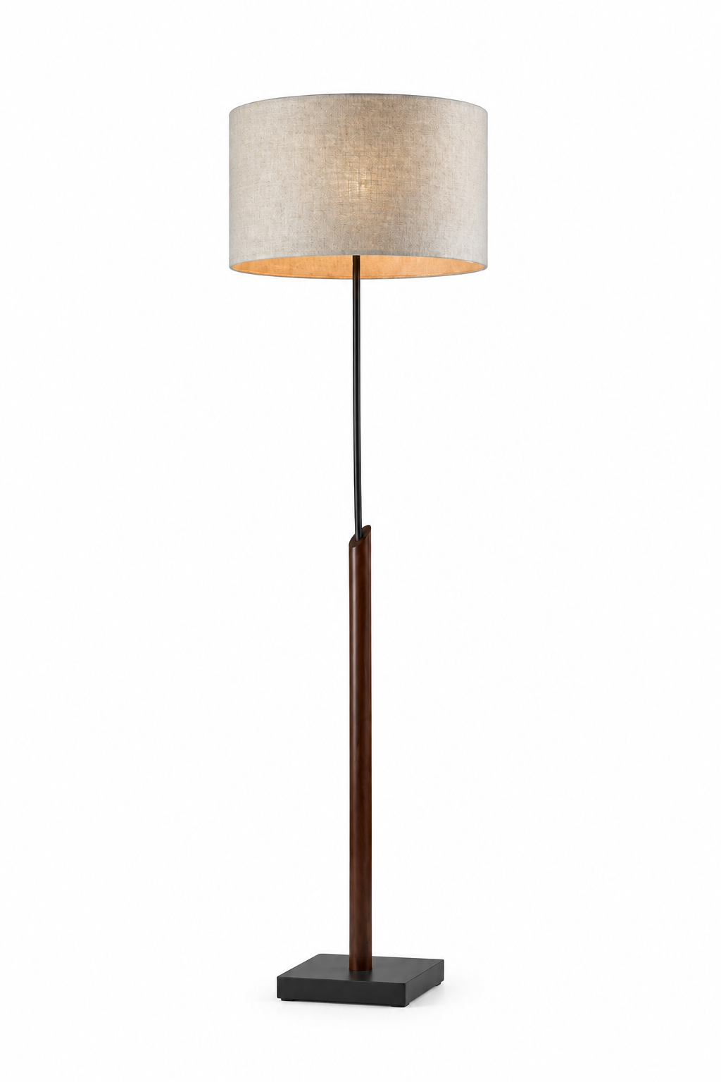 A modern floor lamp with a cylindrical beige fabric shade, a dark brown central stem, and a square black base, shown against a plain white background.