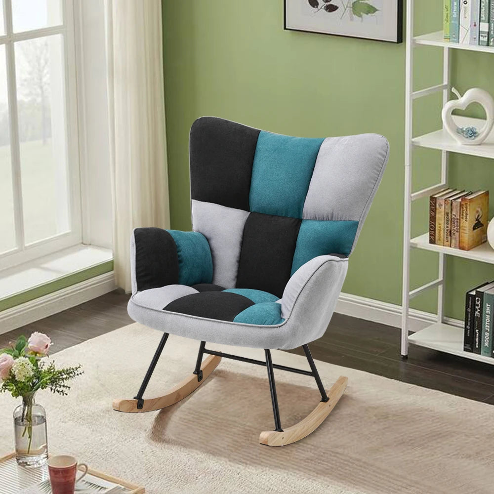 Colorful rocking chair in a room with a green wall and bookshelf.