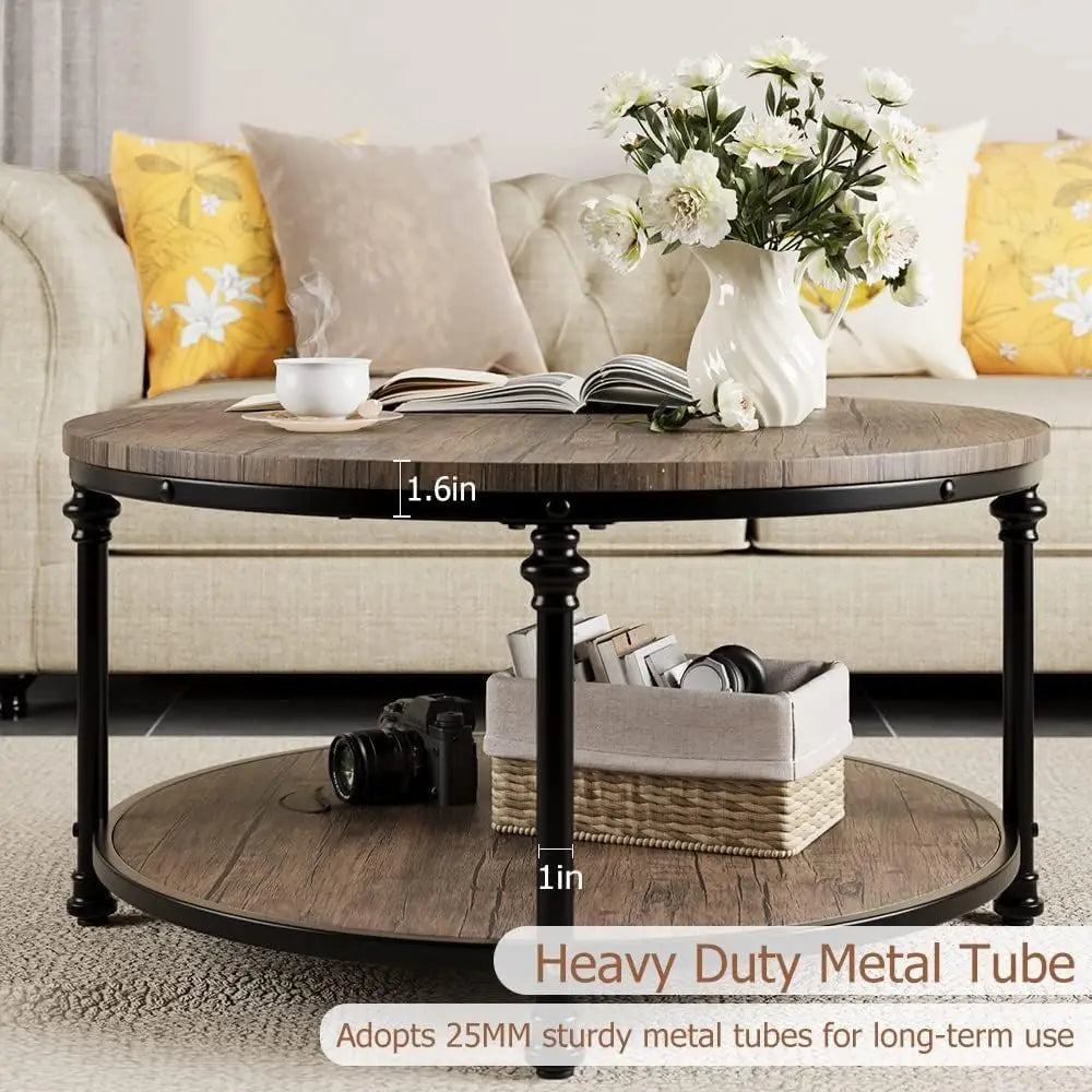 Round wooden coffee table with metal legs in a living room setting
