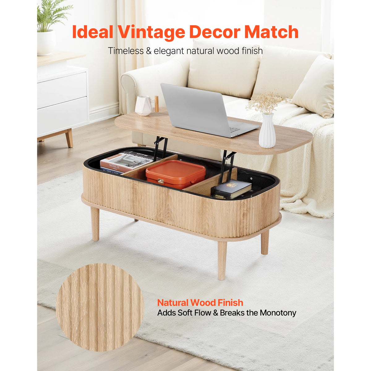 Wooden coffee table with laptop and books in a living room setting, with text about ideal vintage decor match.