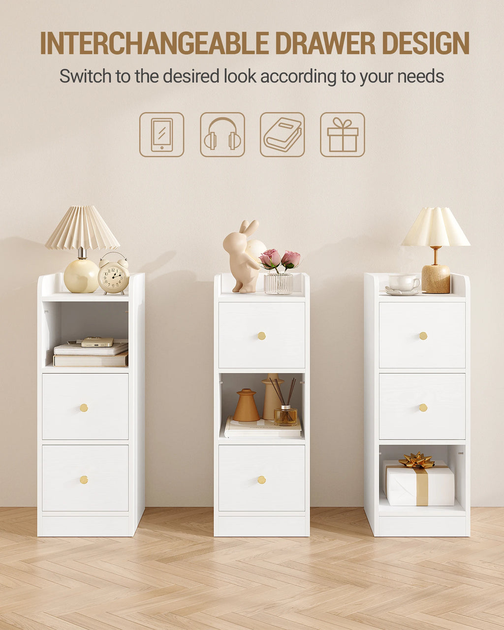 Slim Narrow Bedside Table with 2 Drawers & Open Shelf | Adjustable