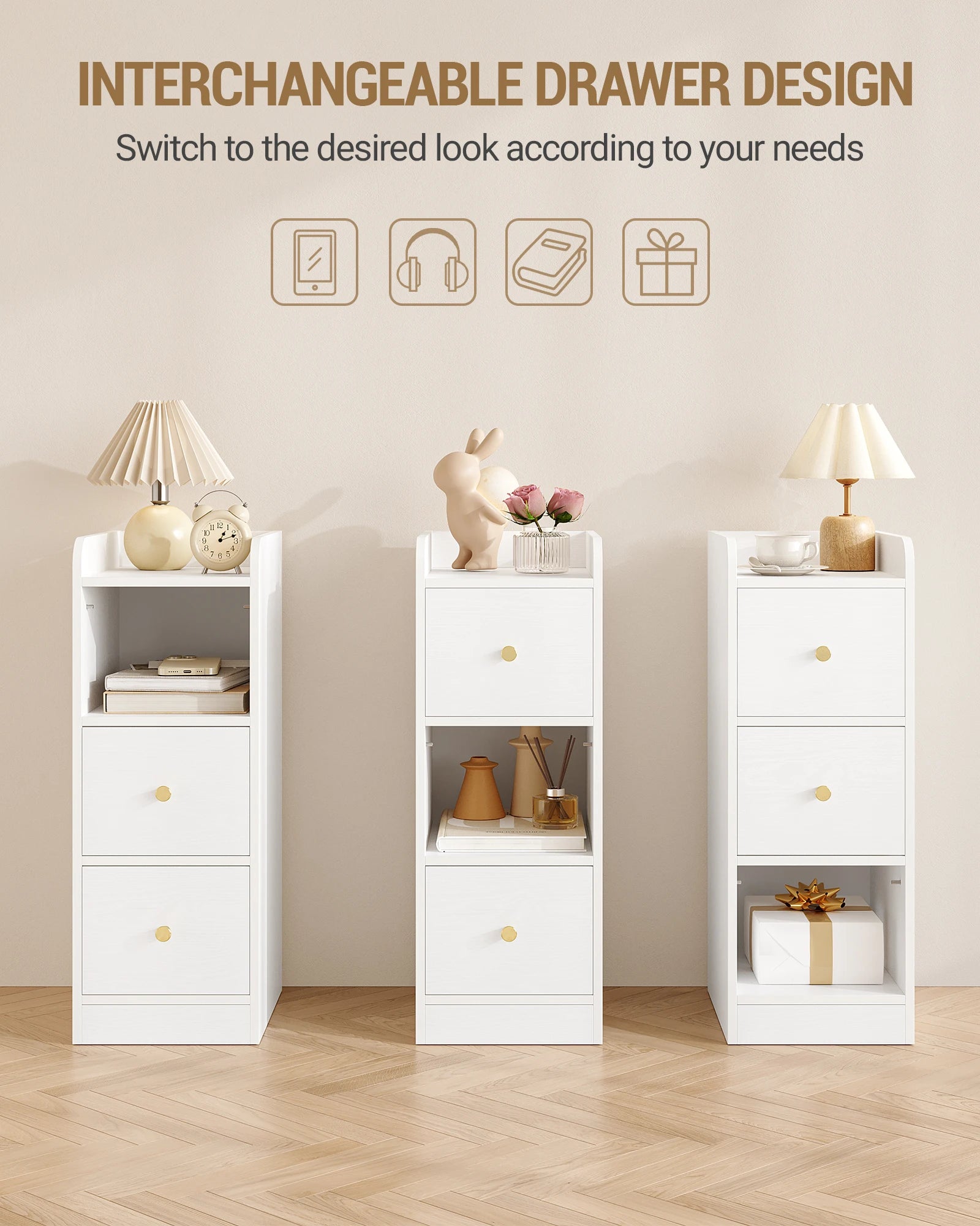 Slim Narrow Bedside Table with 2 Drawers & Open Shelf | Adjustable