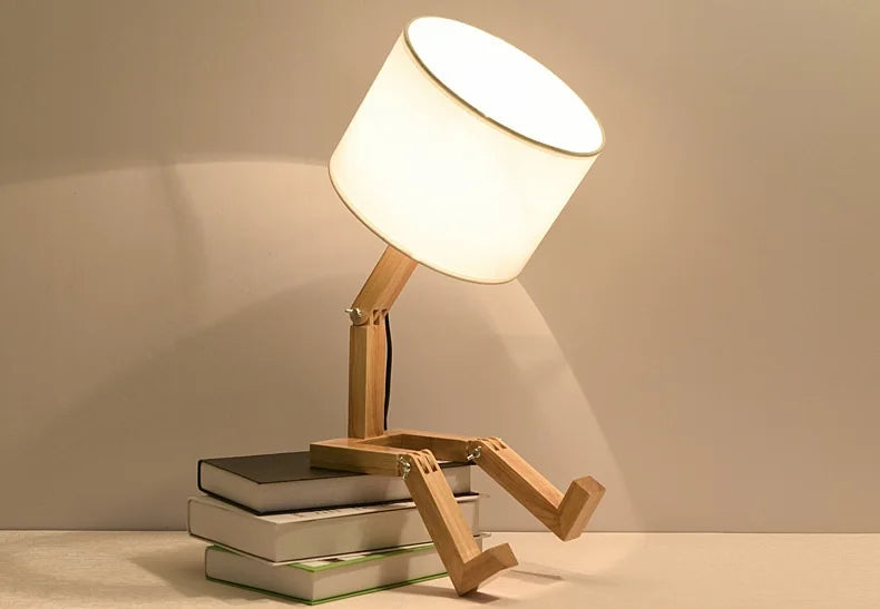 Artisan Wooden Robot Table Lamp | Modern Adjustable Sculptural Desk Light