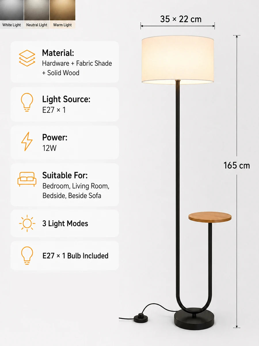 A floor lamp with a tall cylindrical white shade, black metal stand, and a small round wooden side table attached at the base, shown on a light gray background with product specs and dimensions listed on the left.
