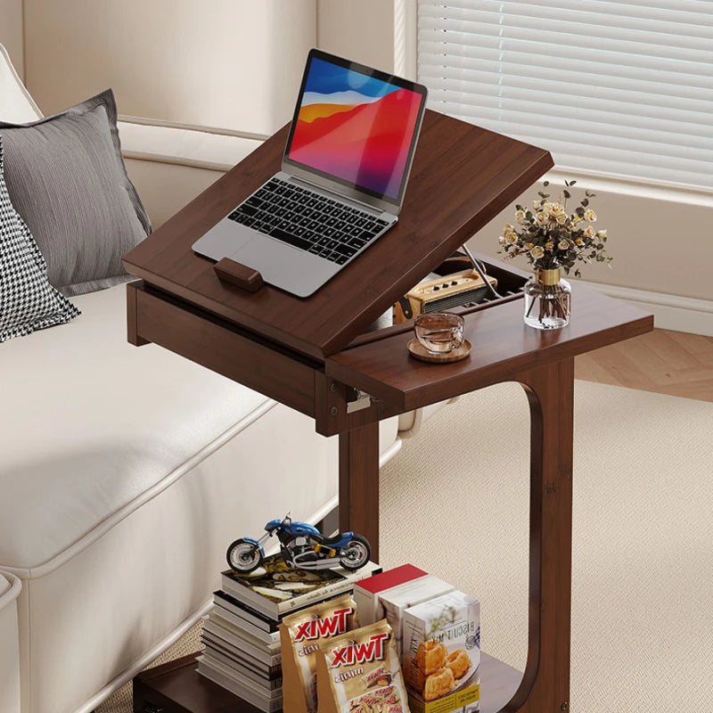 Mobile Bamboo Side Table with Adjustable Top & Hidden Storage