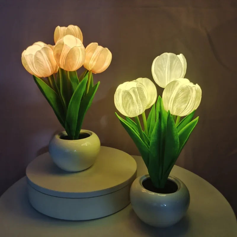Two potted tulip-shaped lamps on a surface with a dark background