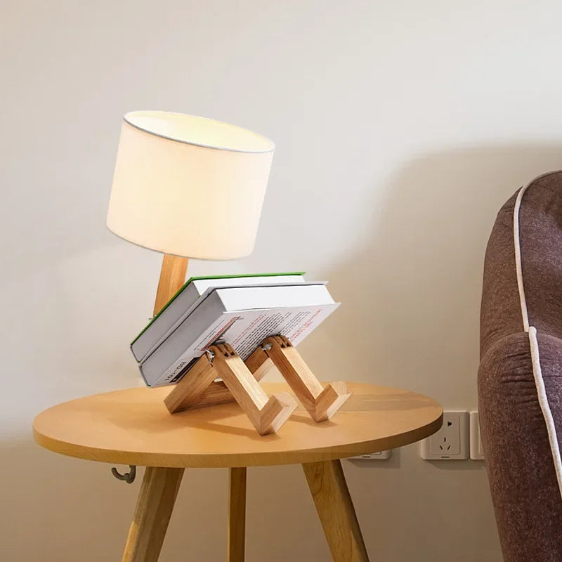 Artisan Wooden Robot Table Lamp | Modern Adjustable Sculptural Desk Light