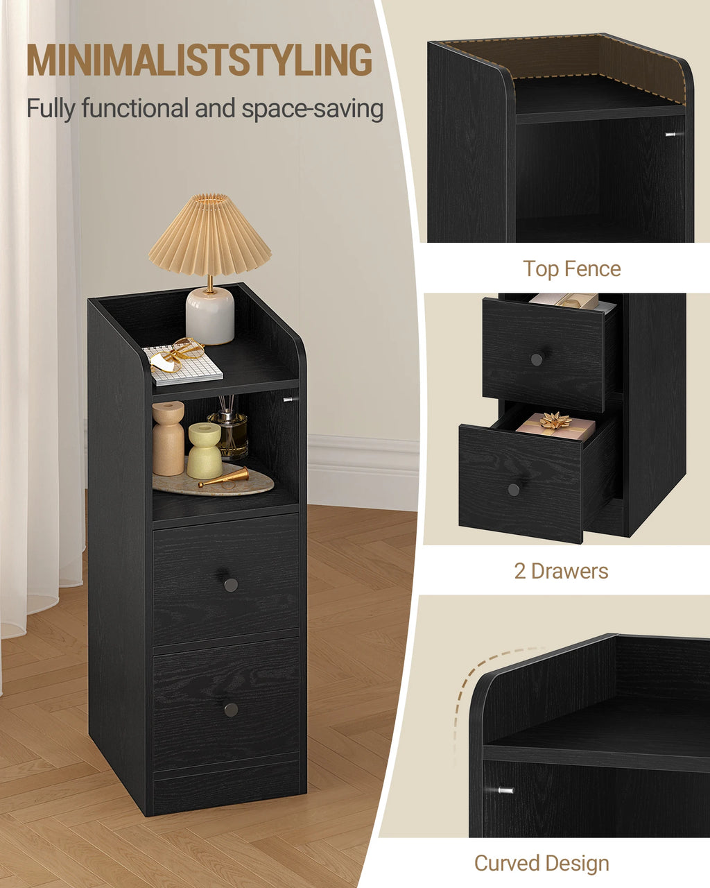 Slim Narrow Bedside Table with 2 Drawers & Open Shelf | Adjustable