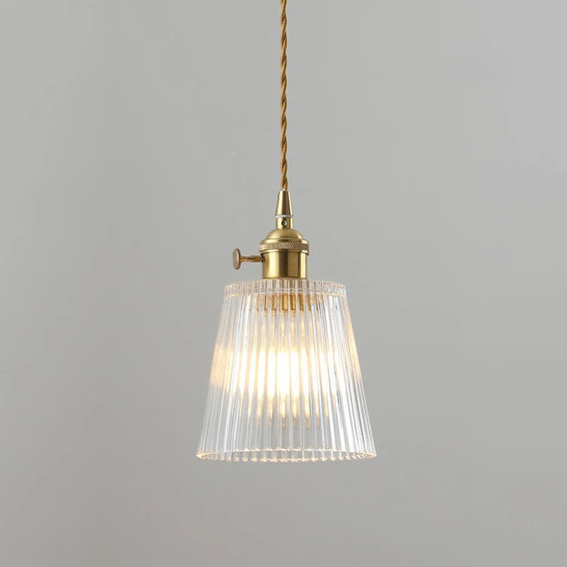 Vintage Ribbed Glass Pendant Light with Brass Finish