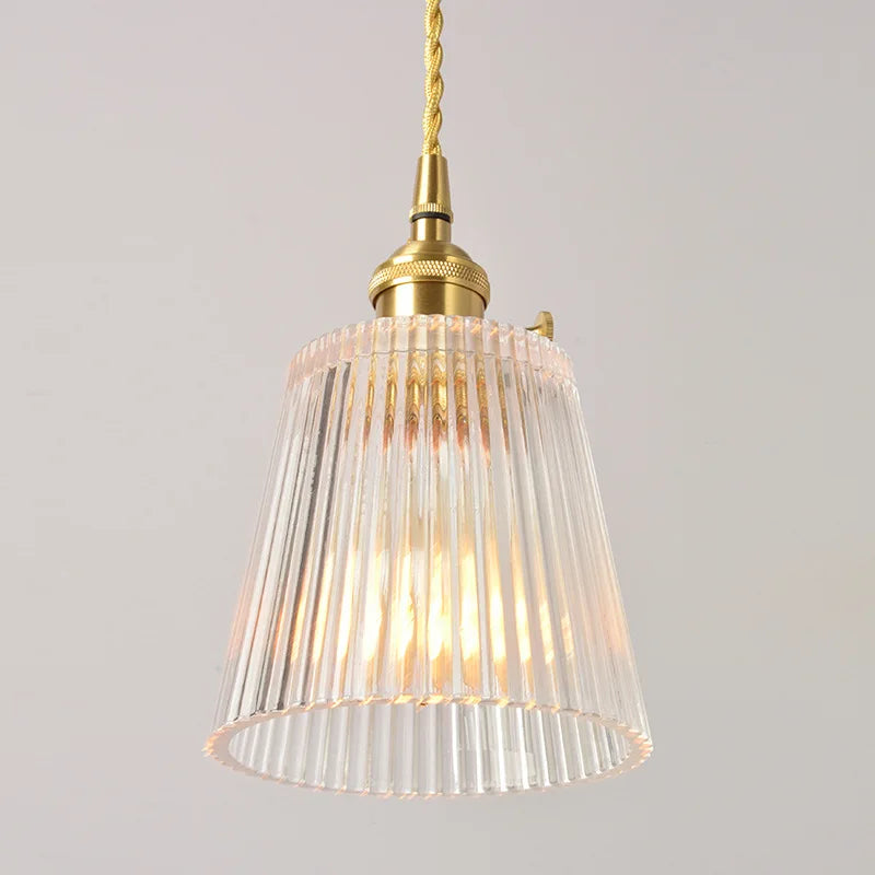 Vintage Ribbed Glass Pendant Light with Brass Finish