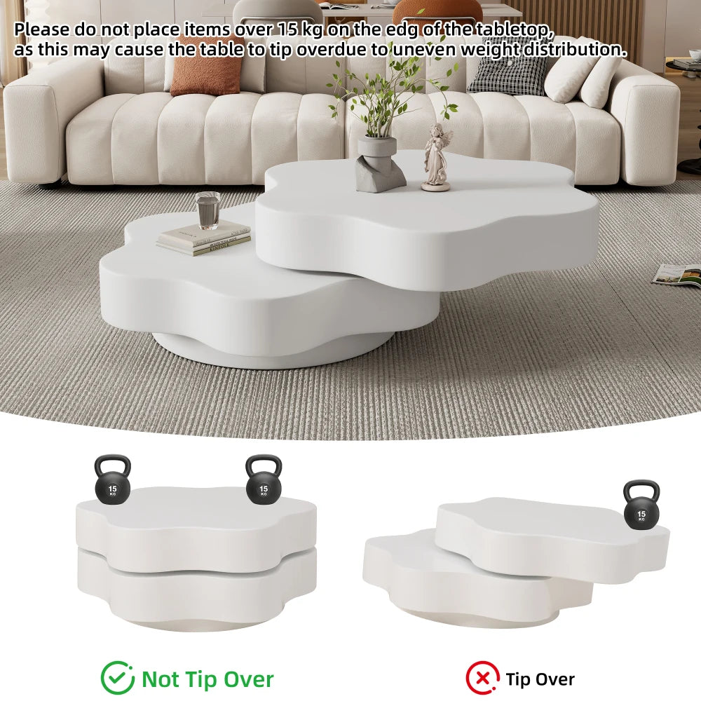 PINGGO Flower-Shaped Rotating Coffee Table - 2-Tier White MDF Rotating End Table & Sofa Side Table