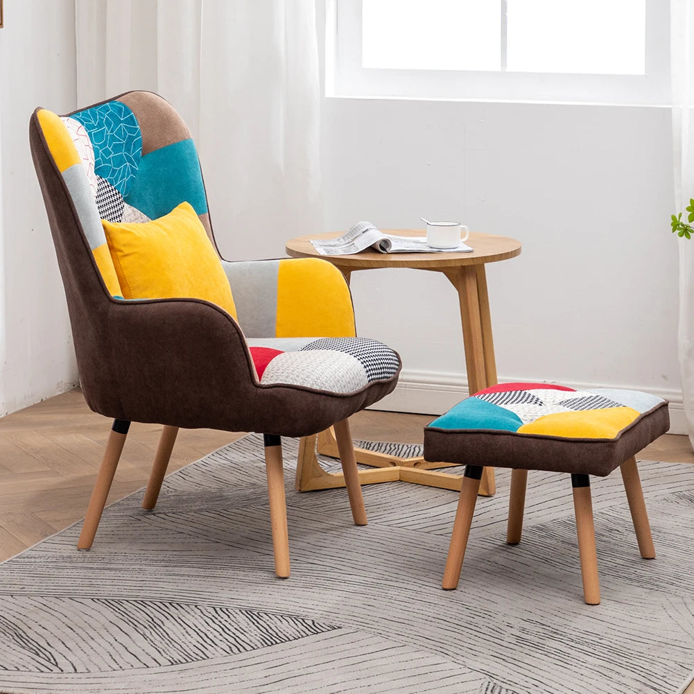 Multicoloured Wingback Armchair with Footstool