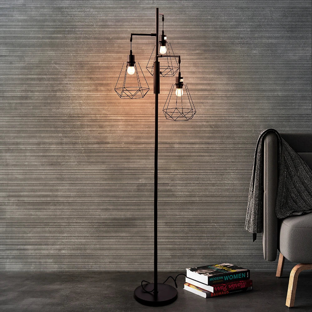 Modern floor lamp with geometric design in a room setting.