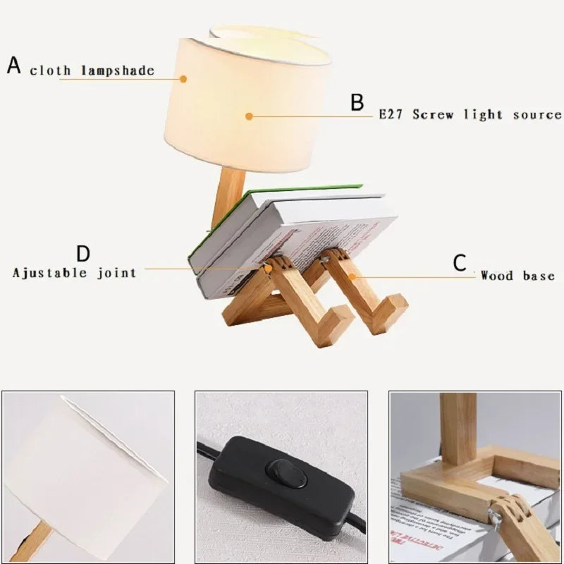 Artisan Wooden Robot Table Lamp | Modern Adjustable Sculptural Desk Light