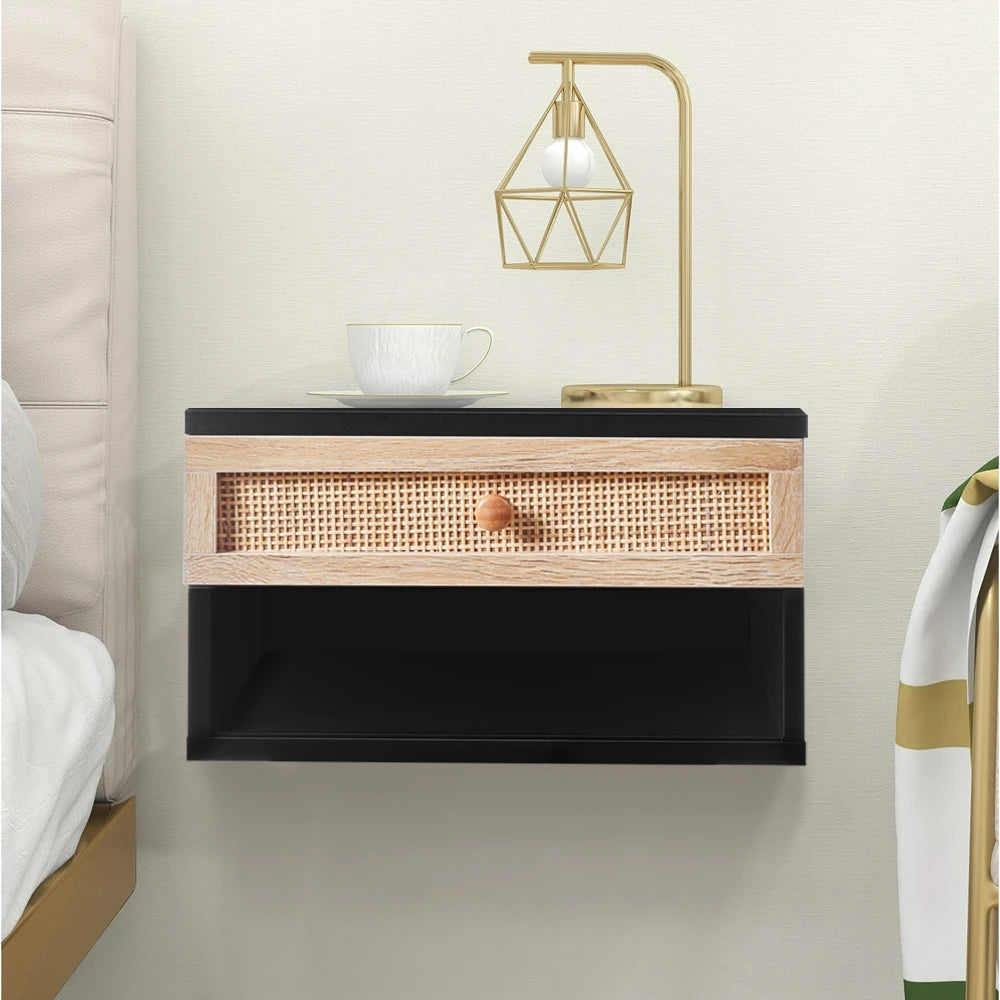 Floating Wall Mounted Bedside Table with Rattan Drawer