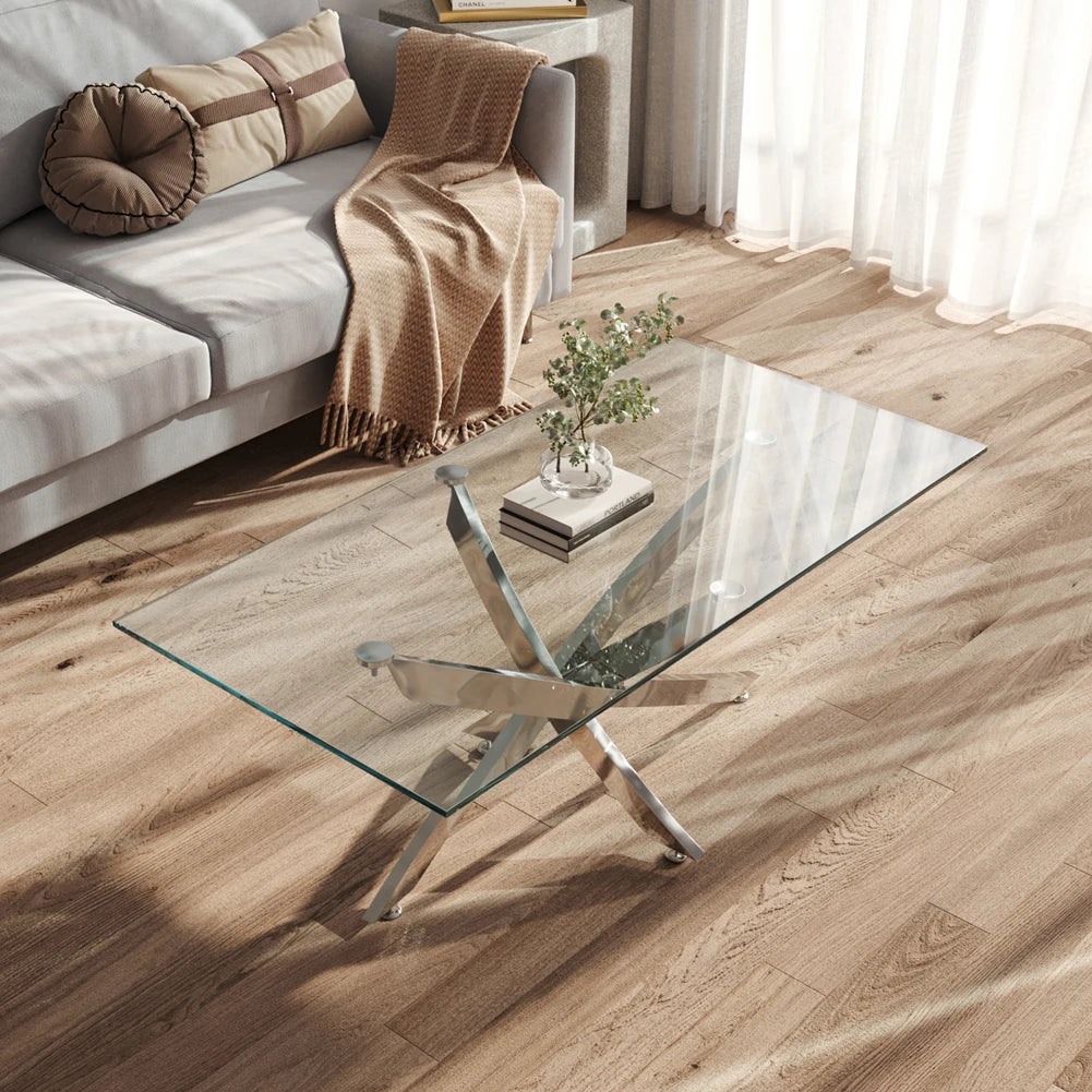 Breeins Modern Clear Glass Coffee Table with Stainless Steel X-Base – Rectangular Contemporary Living Room Table