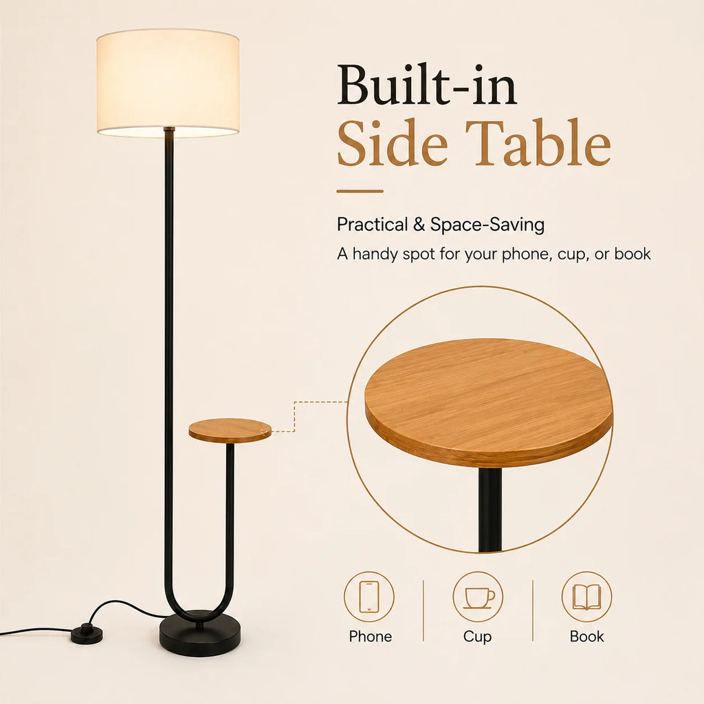 A built-in side table floor lamp with a black metal frame, a cylindrical white shade, and a round wooden side table top. The image includes marketing text, a circular detail inset of the wooden tabletop, and icons showing phone, cup, and book use cases on a light beige background.