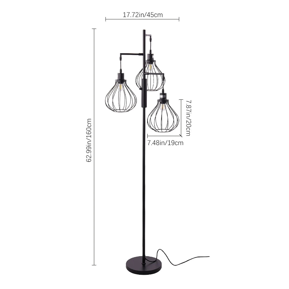 Black floor lamp with wire cage shades and measurements on a white background