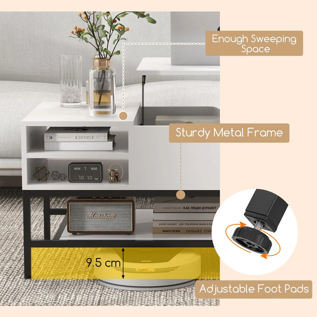 White Lift Top Coffee Table with Storage - Modern Lift-Up Living Room Table