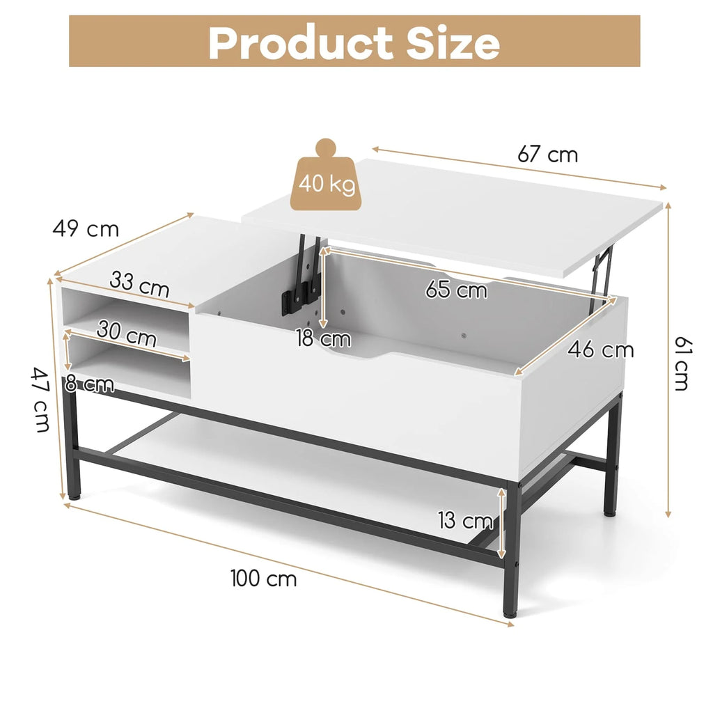 White Lift Top Coffee Table with Storage - Modern Lift-Up Living Room Table