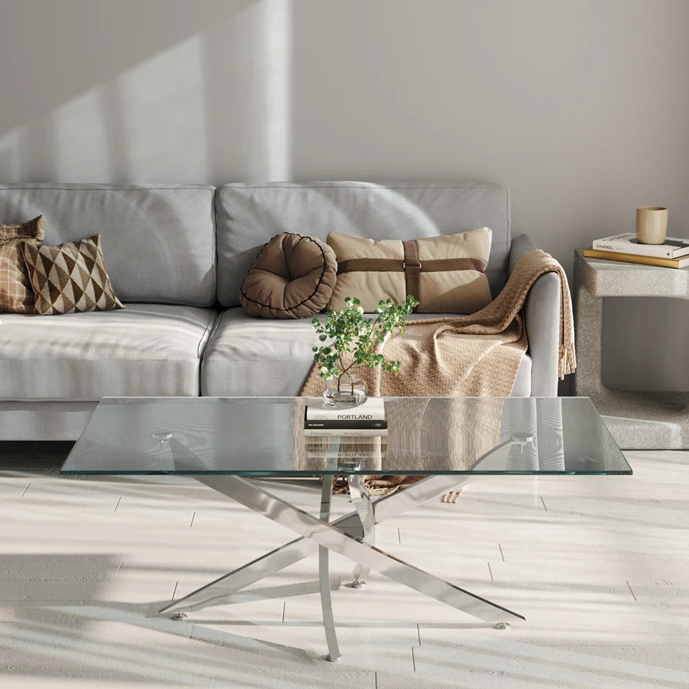 Breeins Modern Clear Glass Coffee Table with Stainless Steel X-Base – Rectangular Contemporary Living Room Table