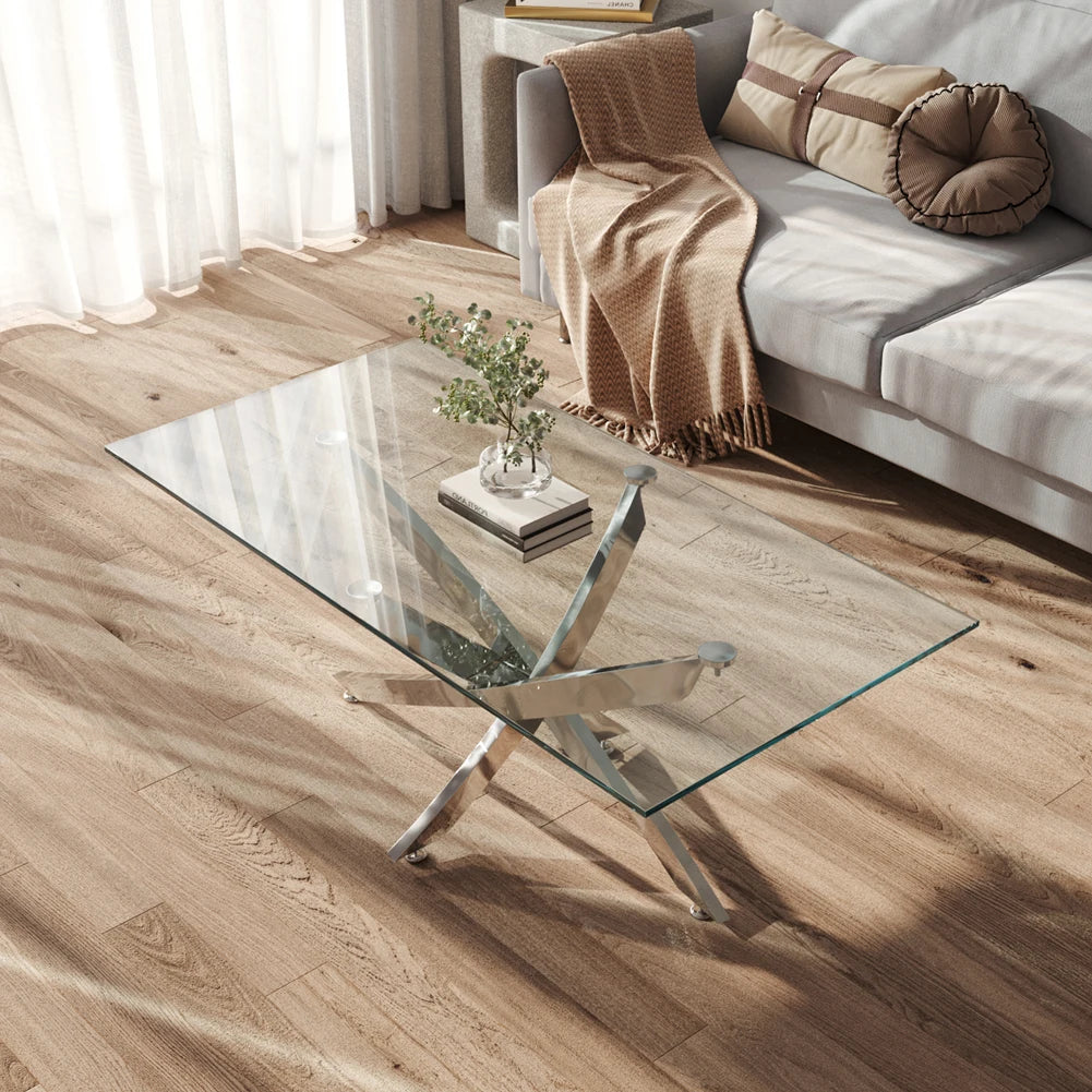 Breeins Modern Clear Glass Coffee Table with Stainless Steel X-Base – Rectangular Contemporary Living Room Table