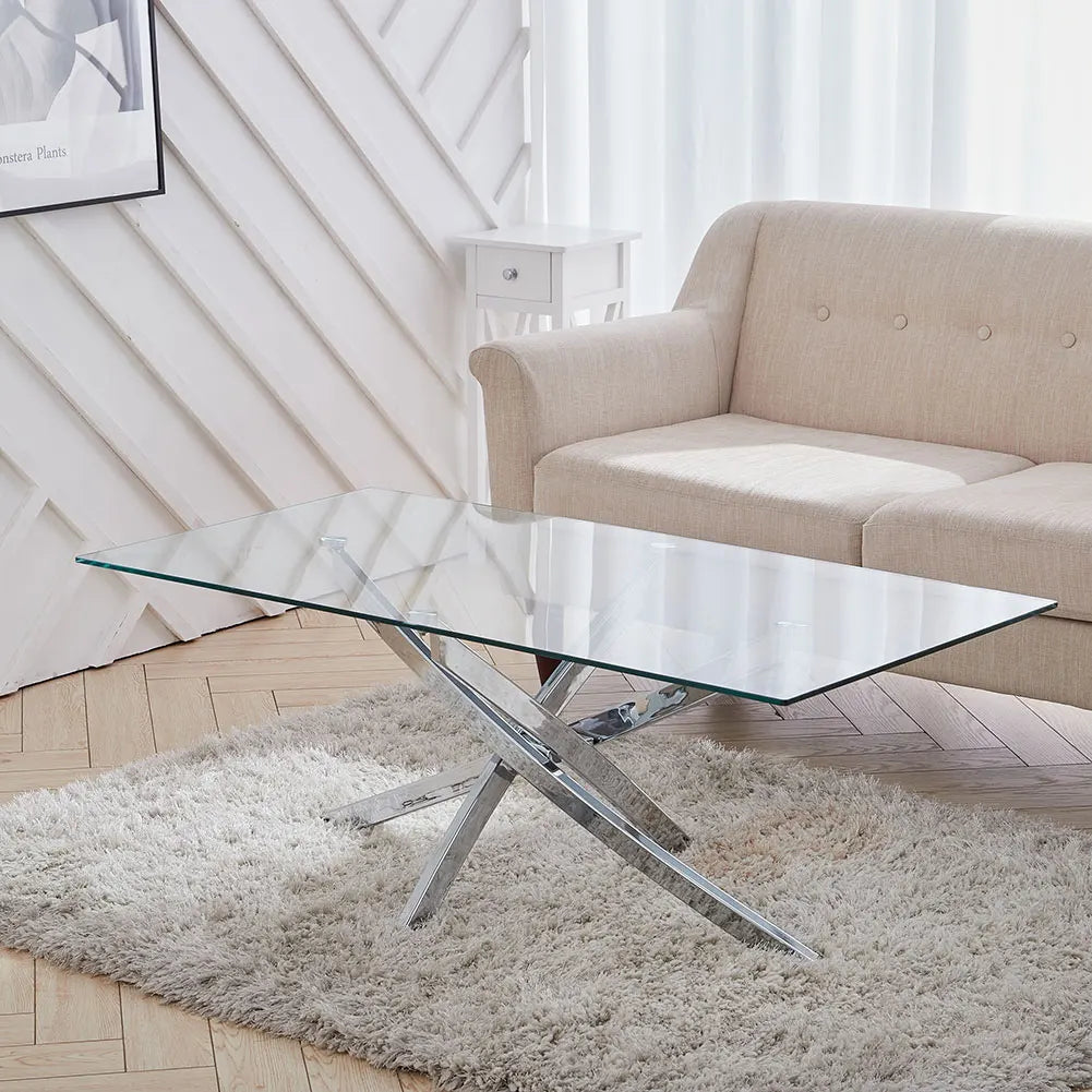 Breeins Modern Clear Glass Coffee Table with Stainless Steel X-Base – Rectangular Contemporary Living Room Table