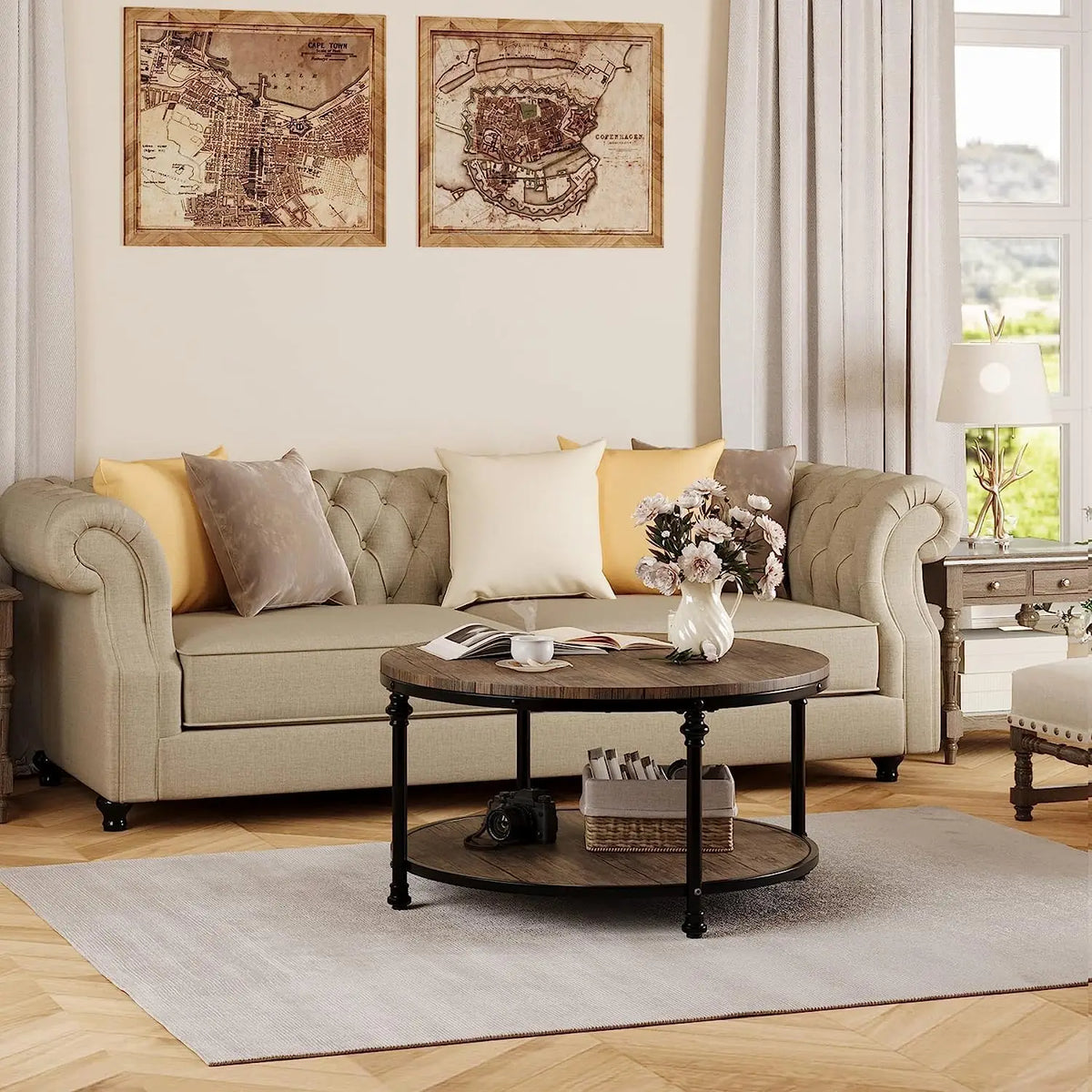 Living room with beige sofa, wooden coffee table, and decorative elements.