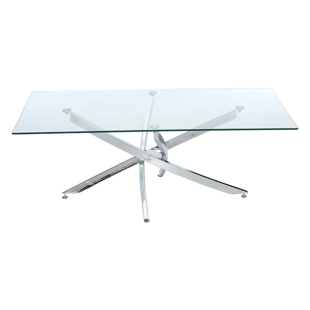 Breeins Modern Clear Glass Coffee Table with Stainless Steel X-Base – Rectangular Contemporary Living Room Table