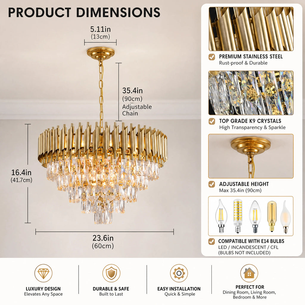 Product dimensions diagram for a gold chandelier with clear crystal drops, showing overall height, width, and chain length measurements, plus feature callouts on the right including premium stainless steel, K9 crystals, adjustable height, and bulb compatibility.