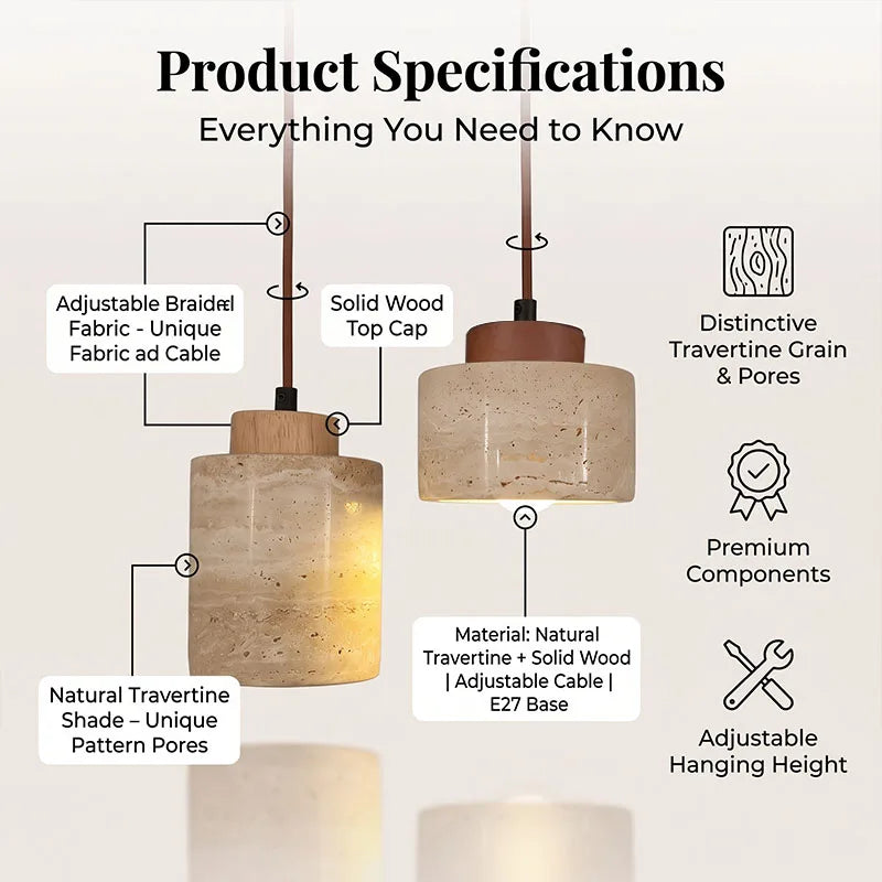 Product specifications of a pendant light with features highlighted on a white background.
