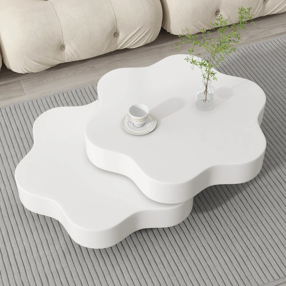 PINGGO Flower-Shaped Rotating Coffee Table - 2-Tier White MDF Rotating End Table & Sofa Side Table