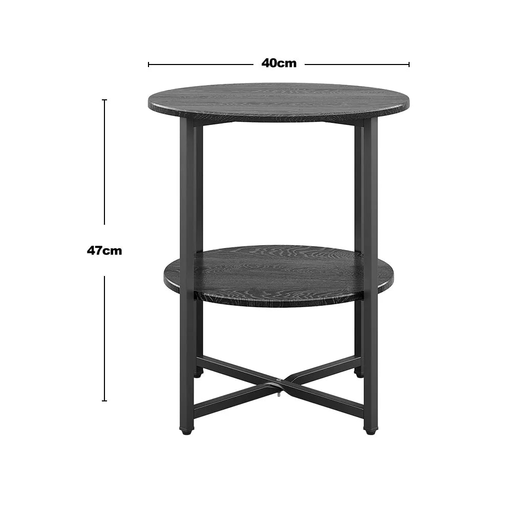 A two-tier round side table with a dark wood-grain finish and black metal frame, annotated with height and width measurements of 47cm and 40cm on a white background.