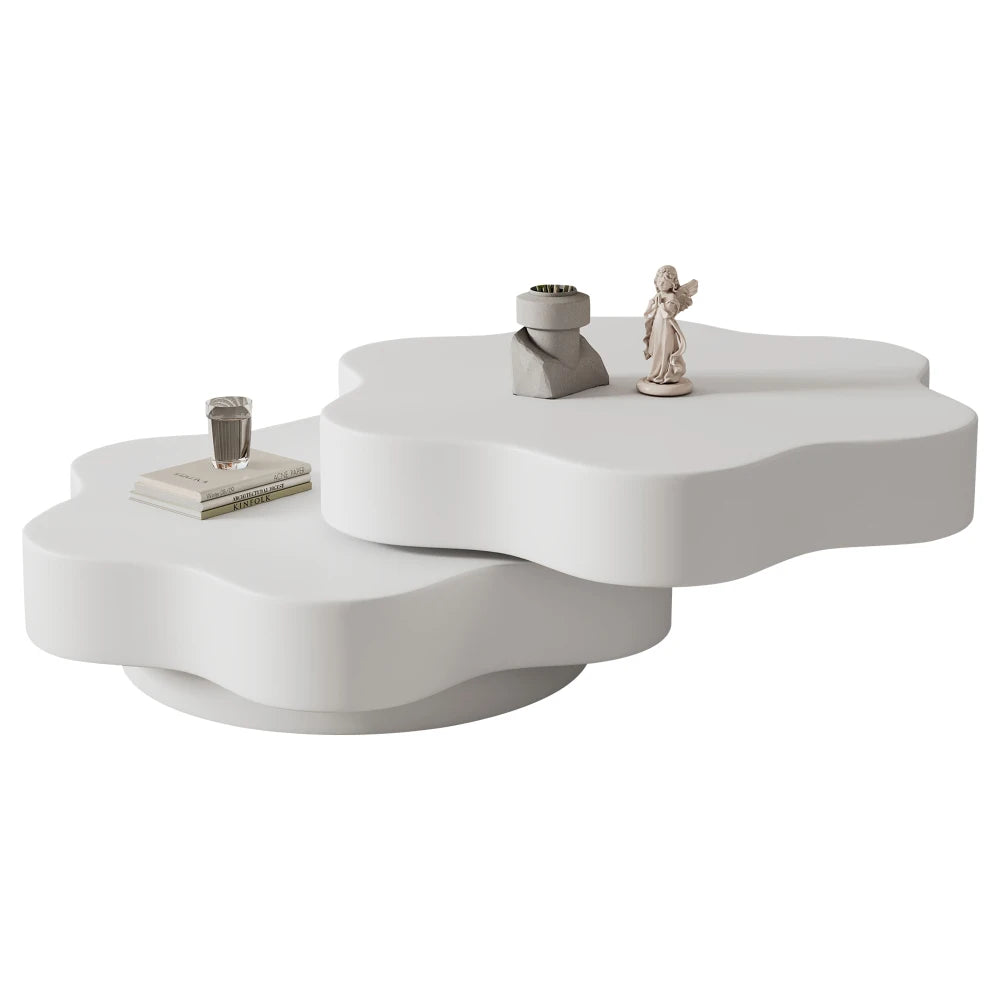 PINGGO Flower-Shaped Rotating Coffee Table - 2-Tier White MDF Rotating End Table & Sofa Side Table