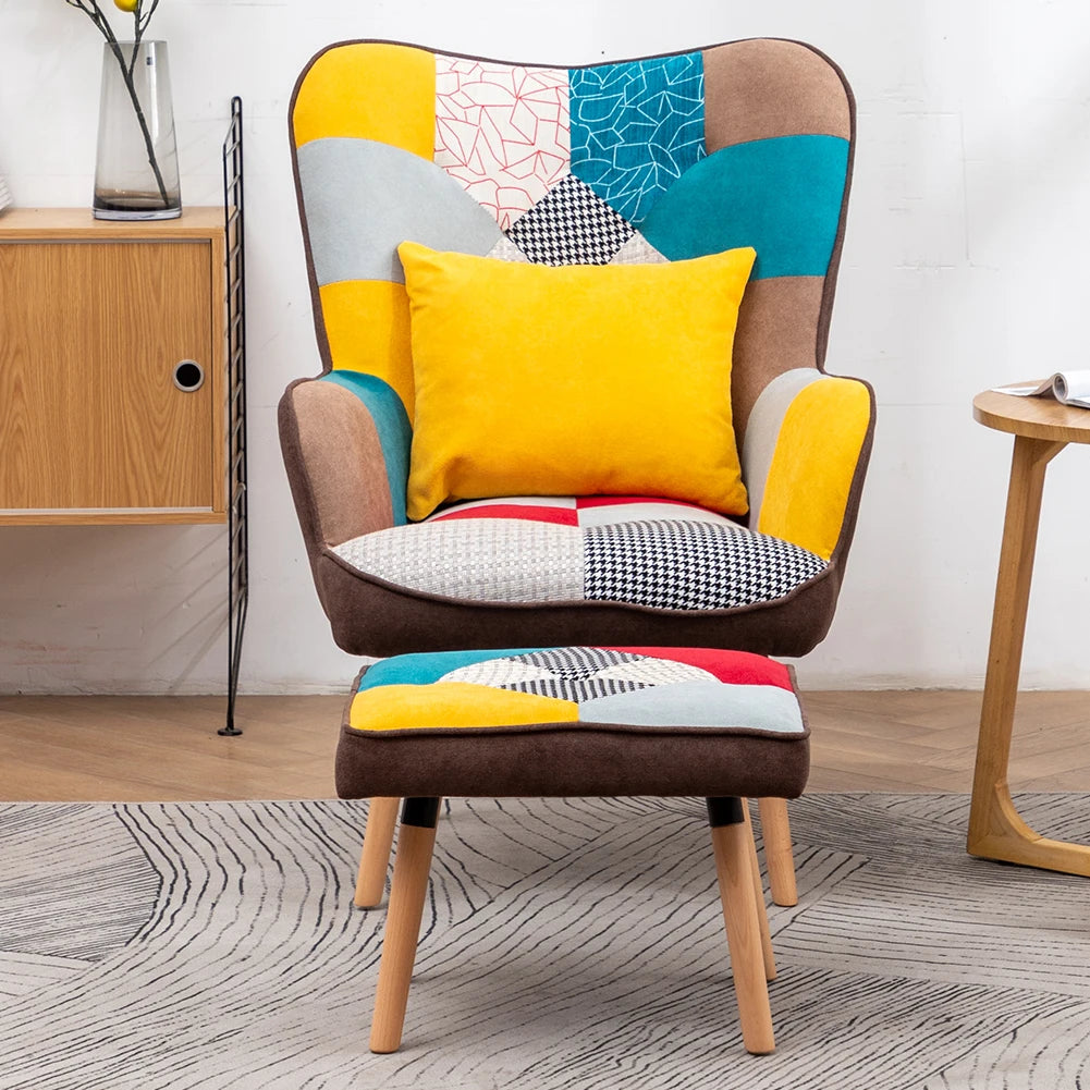 Multicoloured Wingback Armchair with Footstool