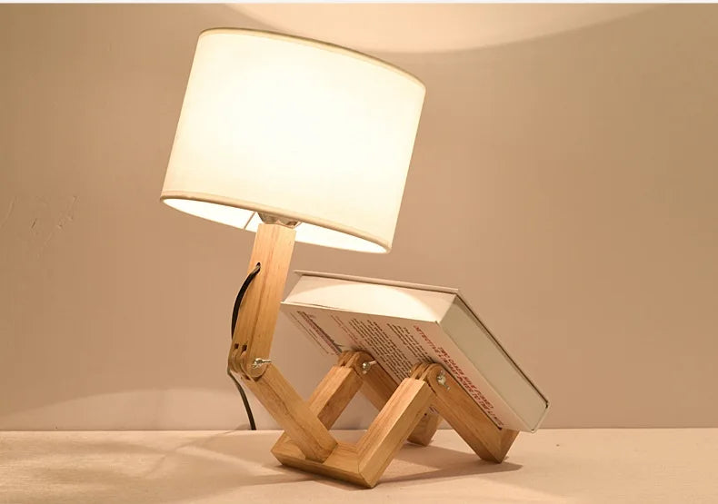 Artisan Wooden Robot Table Lamp | Modern Adjustable Sculptural Desk Light