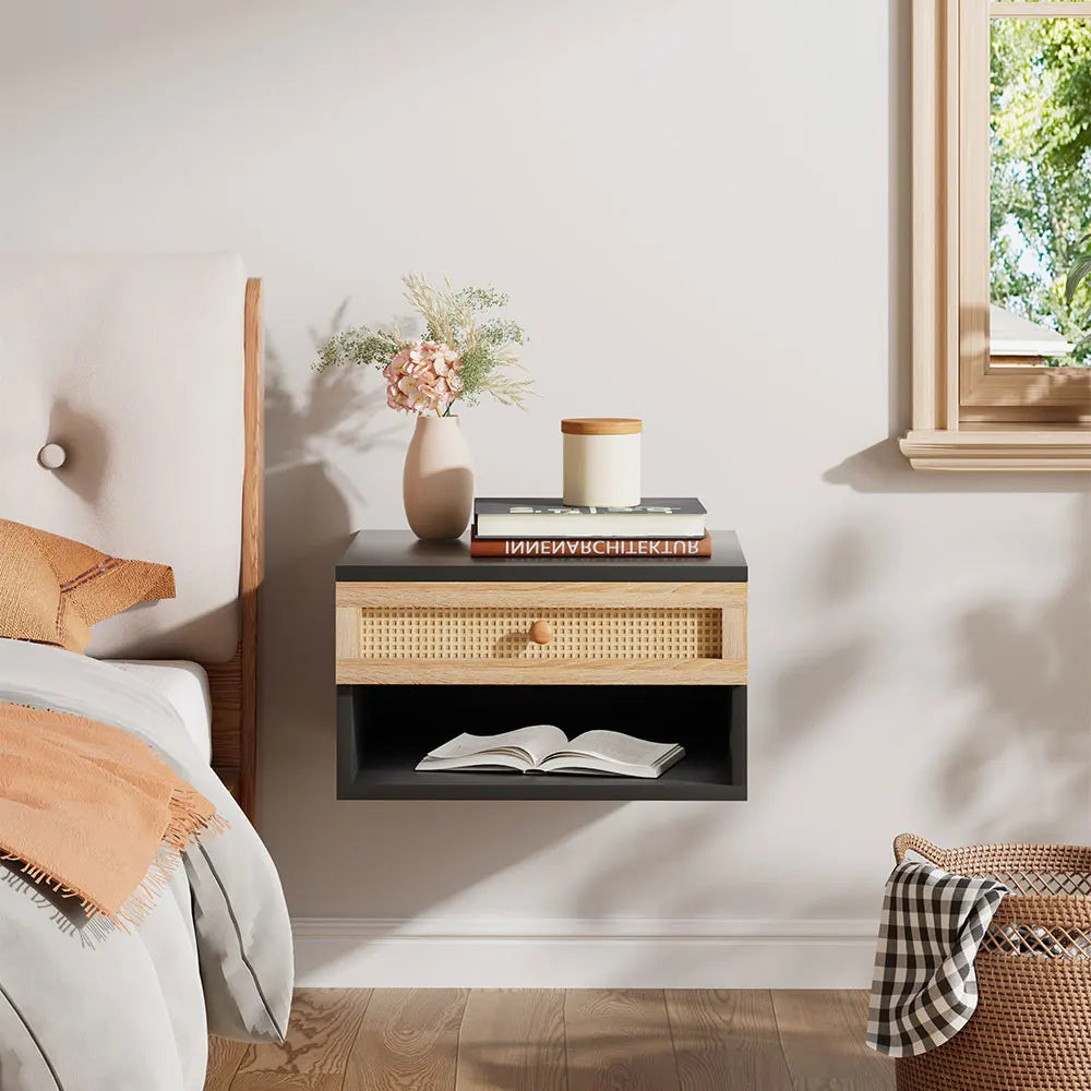 Floating Wall Mounted Bedside Table with Rattan Drawer