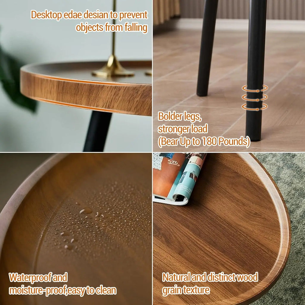 A 4-panel product feature collage for a round wooden desktop with black legs. Text overlays highlight its edge design to prevent falling, strong bolder legs rated up to 180 pounds, waterproof and moisture-proof properties, and a natural wood grain texture.