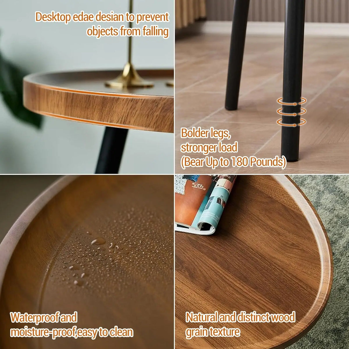 A 4-panel product feature collage for a round wooden desktop with black legs. Text overlays highlight its edge design to prevent falling, strong bolder legs rated up to 180 pounds, waterproof and moisture-proof properties, and a natural wood grain texture.