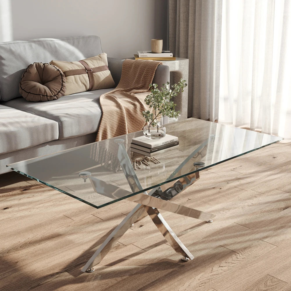 Breeins Modern Clear Glass Coffee Table with Stainless Steel X-Base – Rectangular Contemporary Living Room Table