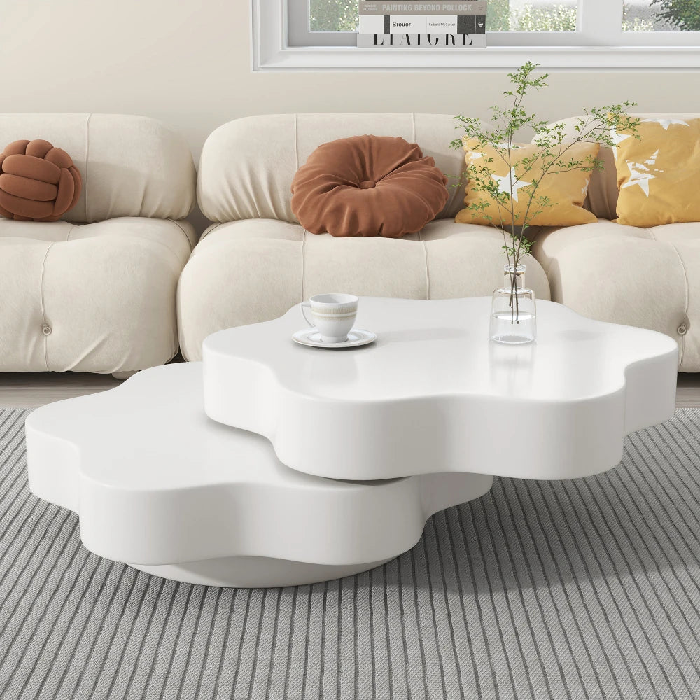 PINGGO Flower-Shaped Rotating Coffee Table - 2-Tier White MDF Rotating End Table & Sofa Side Table