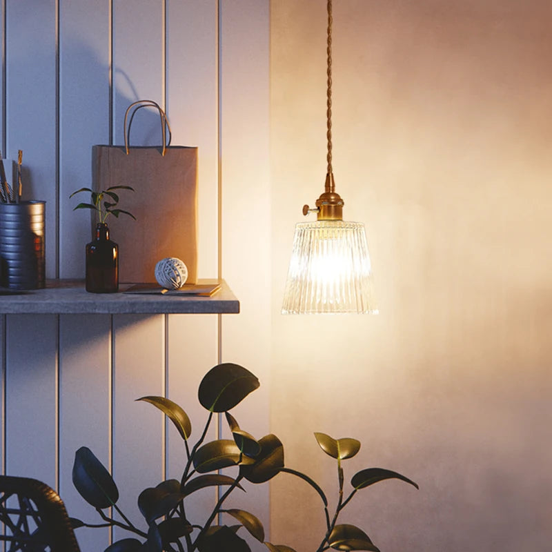 Vintage Ribbed Glass Pendant Light with Brass Finish