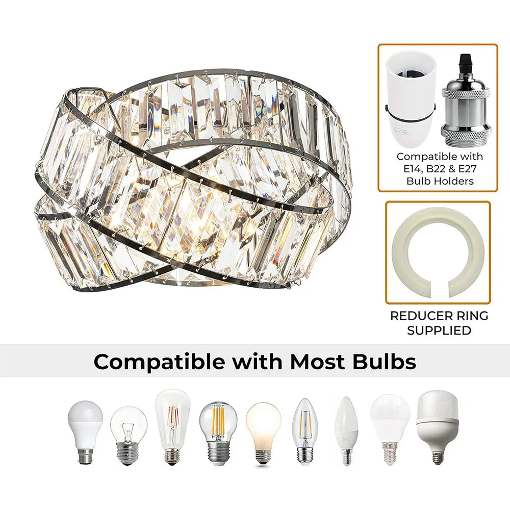Crystal chandelier with bulb compatibility and accessories on a white background