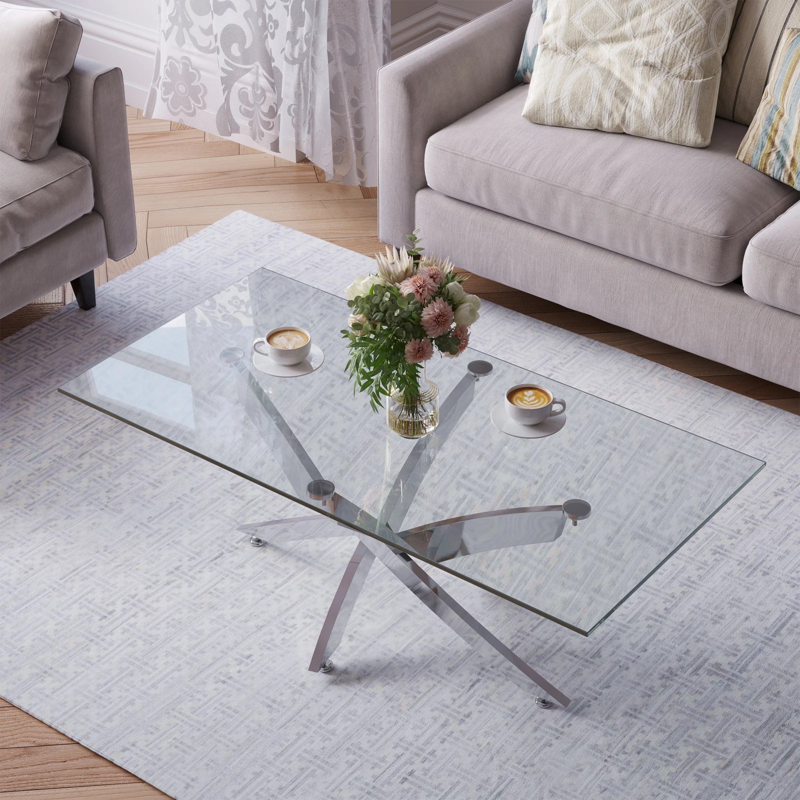 Breeins Modern Clear Glass Coffee Table with Stainless Steel X-Base – Rectangular Contemporary Living Room Table