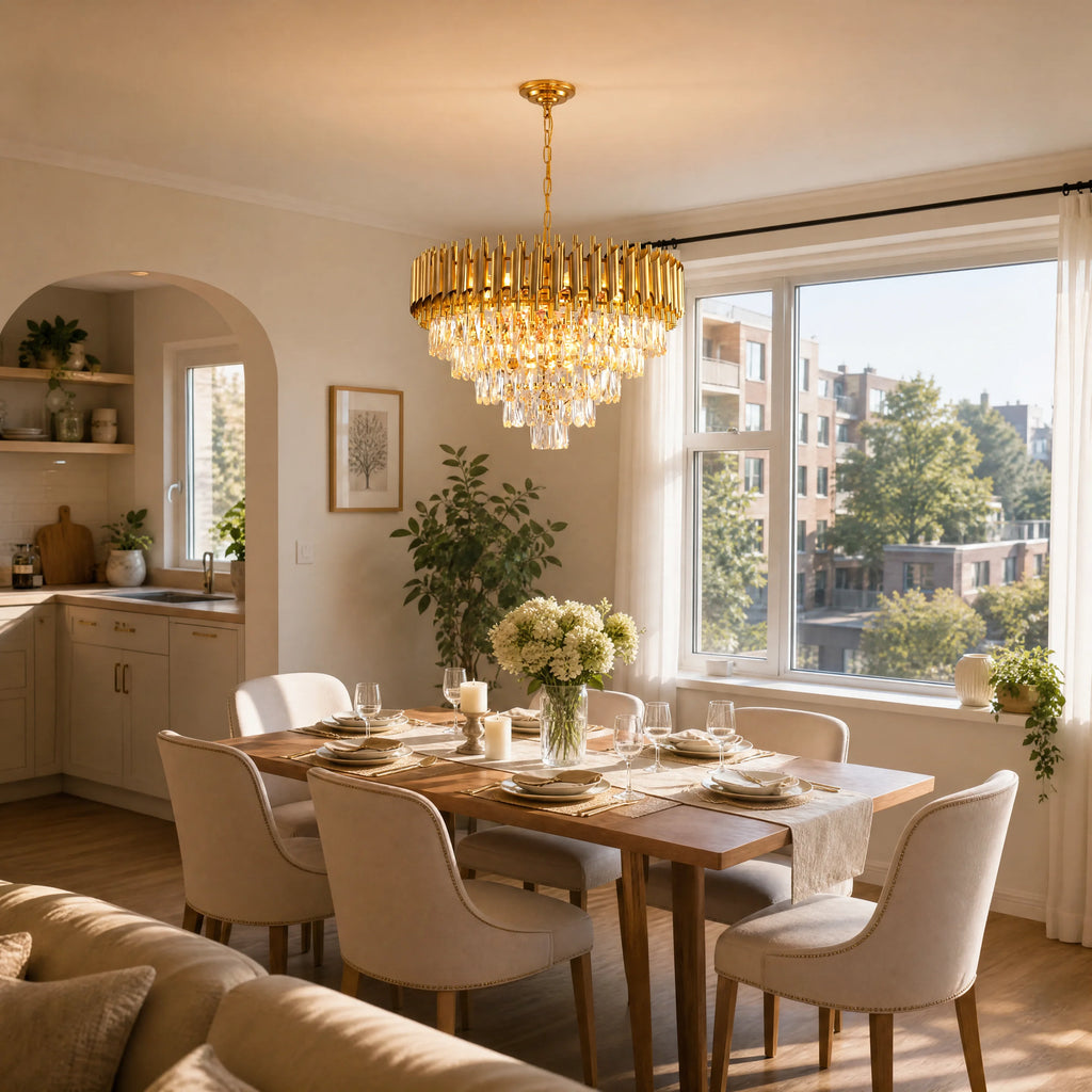 A luxury gold chandelier with a tiered crystal glass design hangs over a wooden dining table set for six in a beautifully decorated dining room with beige upholstered chairs and large windows.